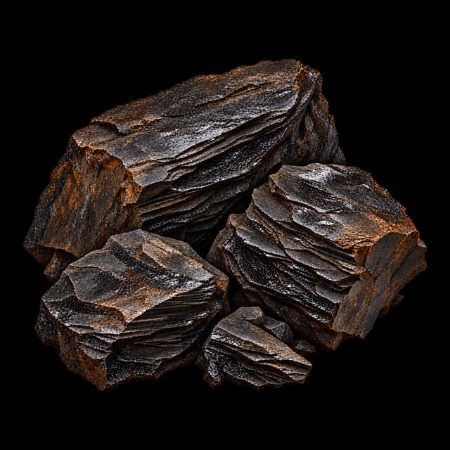 A cluster of glossy, dark, thinly layered shale pieces with rusty orange edges and oily, reflective faces