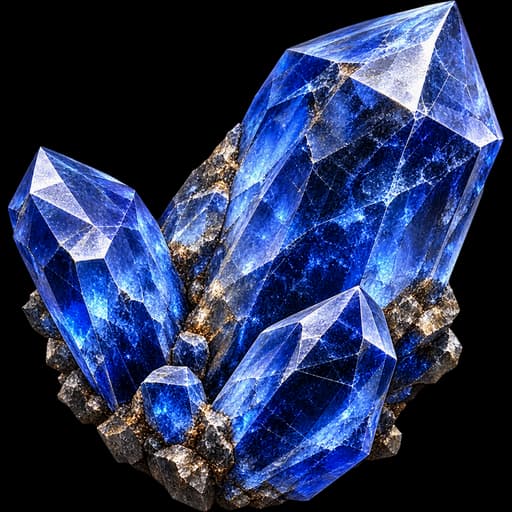 Rough deep blue sapphire crystals with fractured faces rising from a little dark host rock